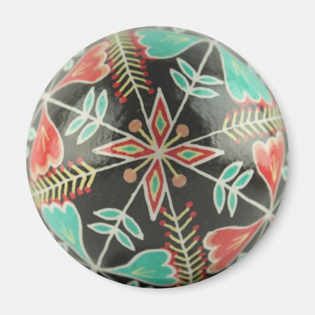 Imán redondo de flores rojas y verdes de Pysanka (Frente)