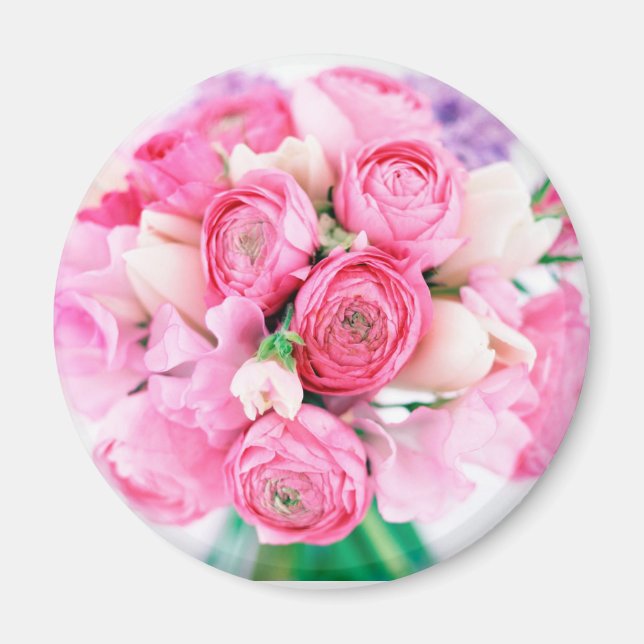 Imán redondo de flores rosadas (Frente)
