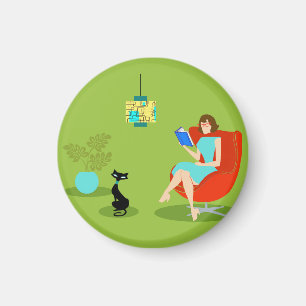 Imán redondo de la mujer retra de la lectura