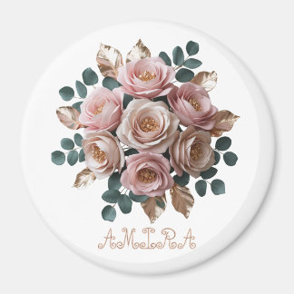 Imán redondo de monograma floral en oro rosa perso