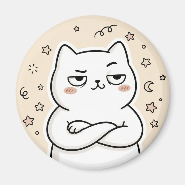 Imán Redondo Kawaii de Gato Blanco Gruñón Adorable (Frente)