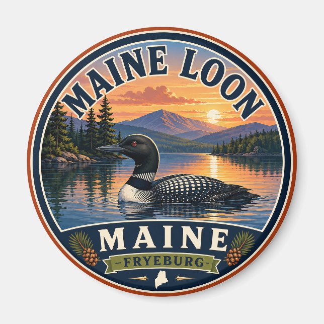 Imán redondo Maine Loon Fryeburg Maine (Frente)