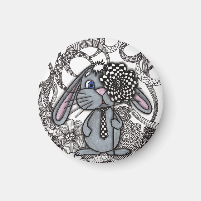 Imán redondo Zen Doodle de conejo Bunny dibujado a (Frente)