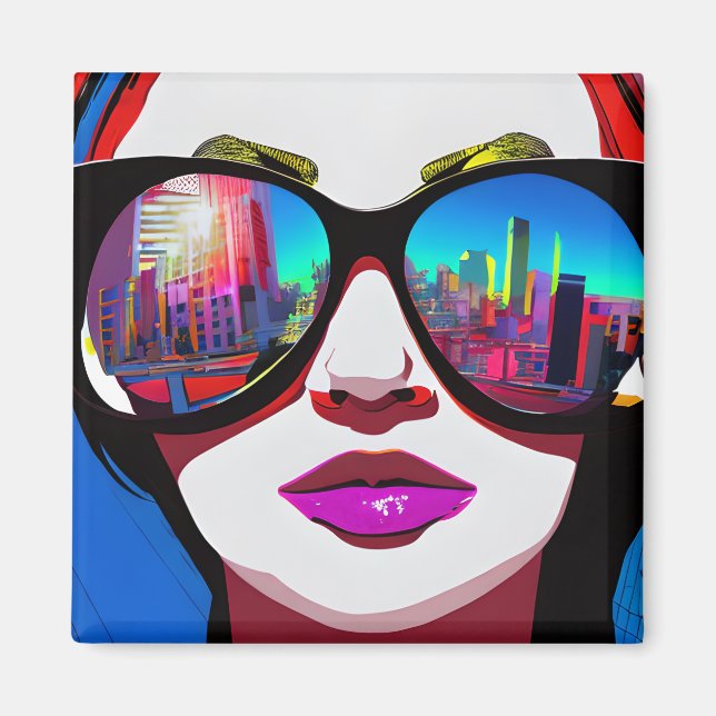 Imán Reflexión de la ciudad en mujer gafas de sol (Frente)