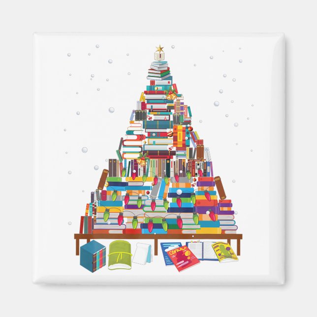 Imán Regalo de árbol de la biblioteca navideña de Feliz (Frente)