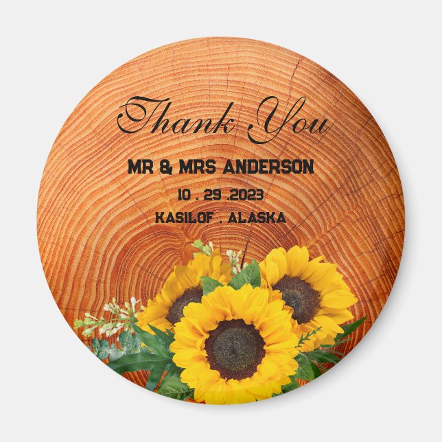 Imán Regalo de boda de madera de girasol rústico (Frente)