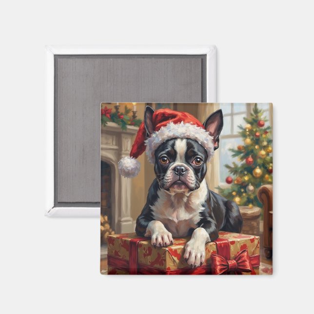 Imán Regalo de Navidad para perro Boston Terrier elegan (Anverso/Reverso)