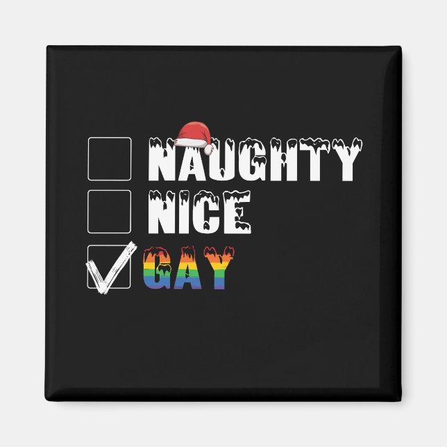 Imán Regalo de Navidad Travieso Bueno Arcoíris Orgullo  (Frente)