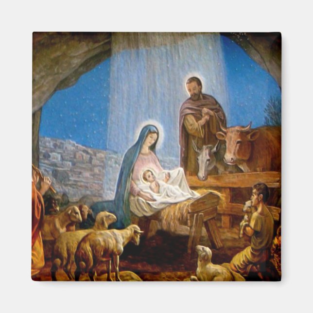Imán Regalos de la escena de la Natividad para Navidade (Frente)