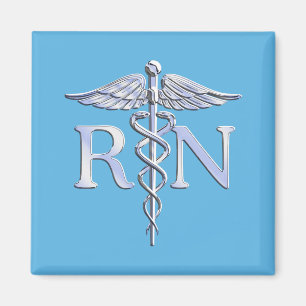 Imán Registered Nurse RN Silver Like Caduceus Baby Blue