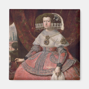 Imán Reina Maria Ana de España en un vestido rojo