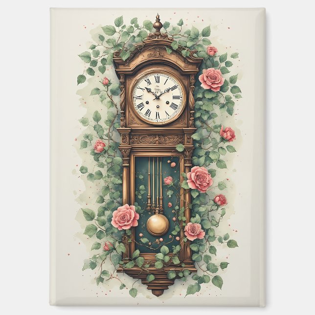 Imán Reloj Antiguo Rodeado de Rosas y Enredaderas (Anverso)