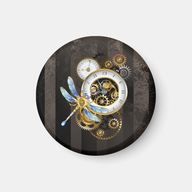 Imán Reloj Steampunk con libélula mecánica (Frente)