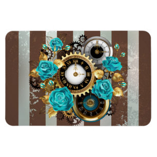 Imán Reloj Steampunk y Rosas turquesas a rayas