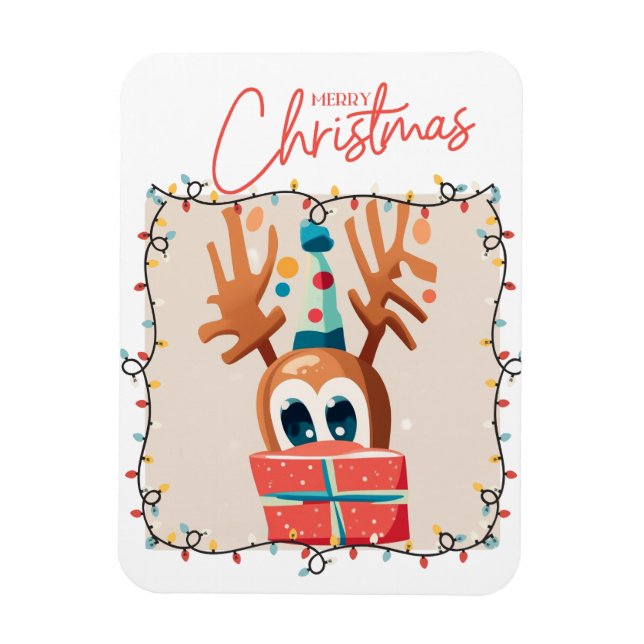 Imán Reno juguetón con regalo (Vertical)