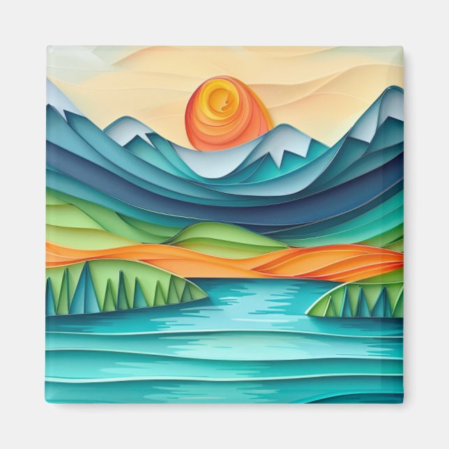 Imán Resumen del paisaje del lago Sunset de bonito (Frente)