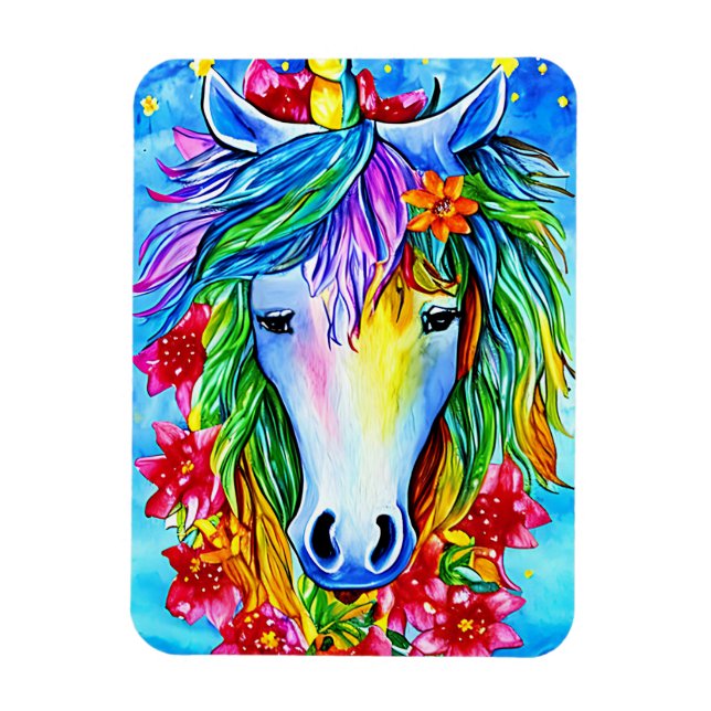Imán Resumen unicornio Flores faciales acuarela Arte (Vertical)