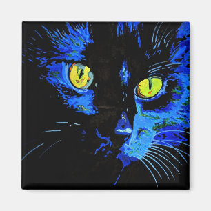 Imán Retrato artístico de gato negro con E amarillo lla