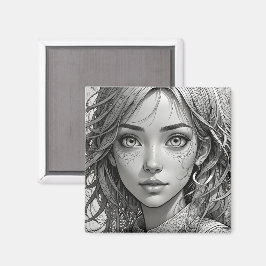 Imán Retrato blanco y negro de chica de anime lindo