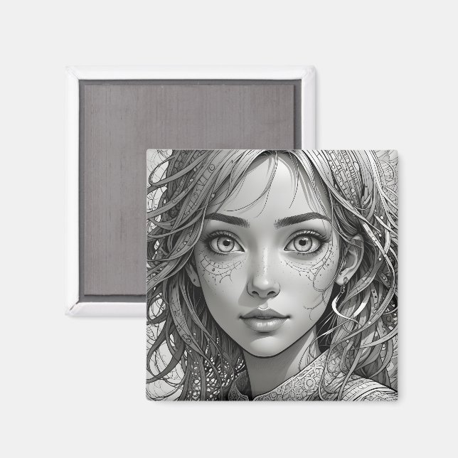 Imán Retrato blanco y negro de chica de anime lindo (Anverso/Reverso)