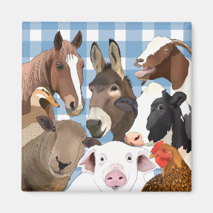 Imán Retrato de animales de granja fino Gingham Check -