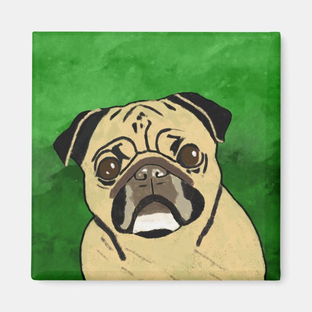 Imán Retrato de arte acuarela de pug Dog (Frente)