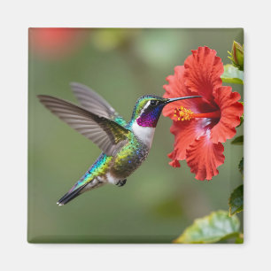 Imán Retrato de flor de hibisco con colibrí iridiscente