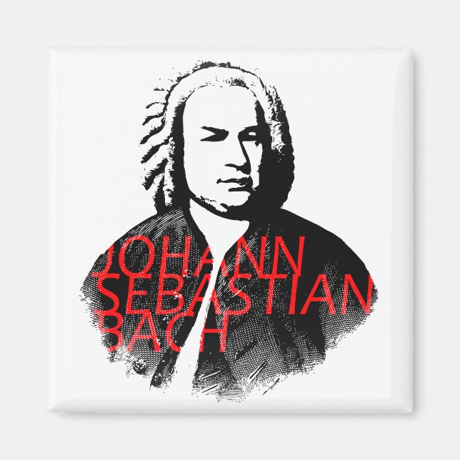 Imán Retrato de Johann Sebastian Bach y letras rojas (Frente)