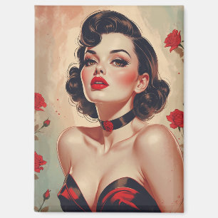 Imán Retrato de rosas rojas brunette Pin Up