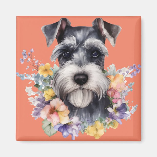 Imán Retrato de Schnauzer con flores (Frente)