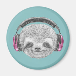 Imán Retrato De Sloth  Utilización de auriculares