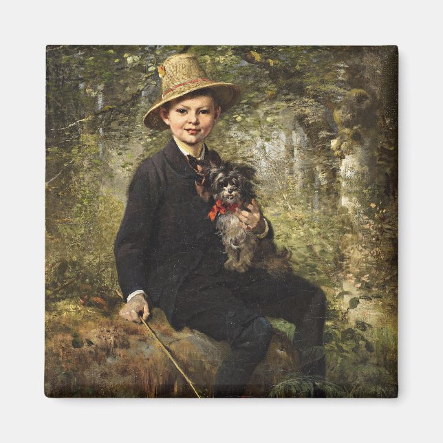 Imán Retrato de un niño con perro en un bosque (Knaus) (Frente)