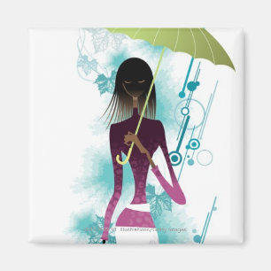 Imán Retrato de una joven sosteniendo un bolso y un par