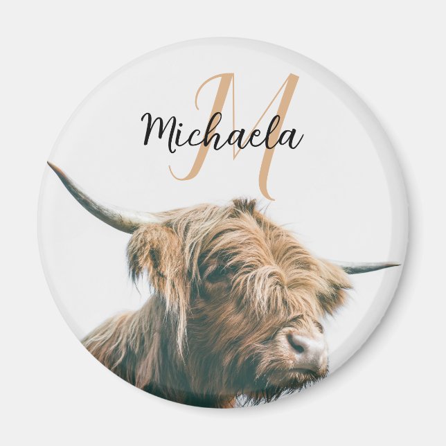 Imán Retrato de vaca de Highland nombre personalizado m (Frente)