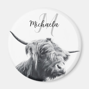 Imán Retrato de vaca Highland monograma inicial blanco