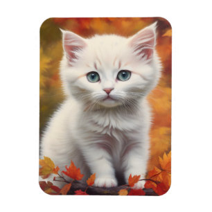 Imán Retrato de White Kitten en otoño