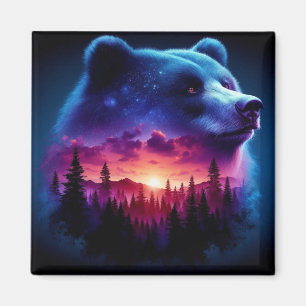 Imán Retrato Del oso De Doble Exposición Con Atardecer 
