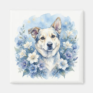 Imán Retrato floral botánico de perro en acuarela