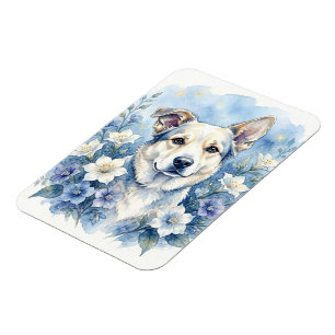 Imán Retrato floral botánico de perro en acuarela