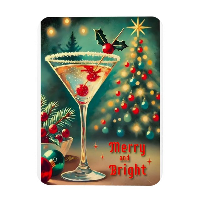 Imán Retro 50s Cóctel Martini de Navidad Alegre y Brill (Vertical)