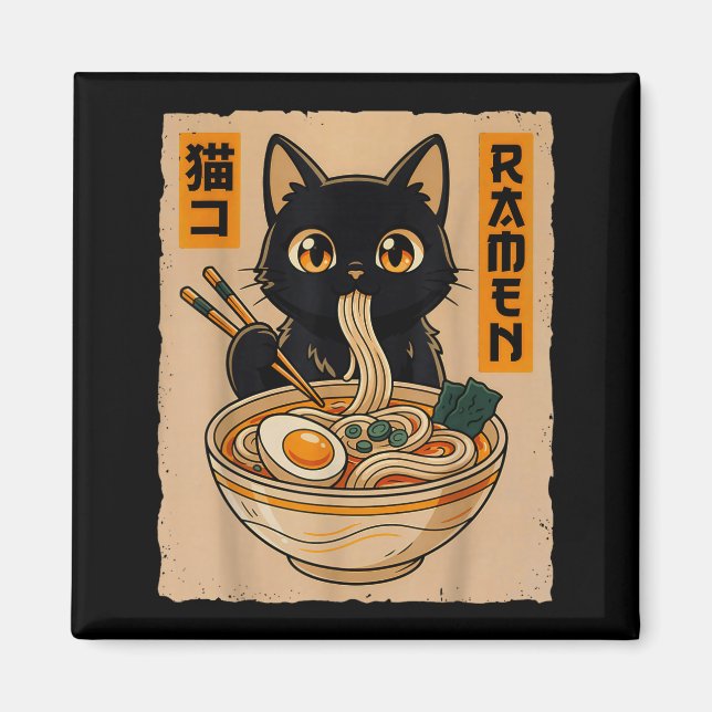 Imán Retro Anime Kawaii Black Cat Eating Ramen Noodles  (Frente)