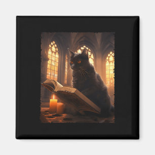 Imán Retro Black Cat Reading Book Vintage Halloween Boo