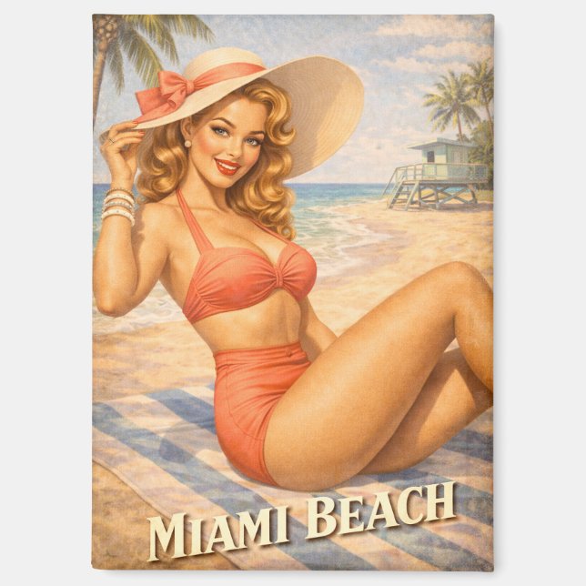 Imán Retro Blonde Beach Girl 1950s Art (Anverso)