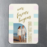 Imán Retro Cabana Stripes Boda<br><div class="desc">¡Nuestros seres para siempre! Bandas de cabaña rosa,  verde y azul retro,  con tonos beige y marrón para una boda de verano,  playa o destino. Plantilla de foto vía Pixabay bajo licencia CC0 y debe ser reemplazada por su propia foto</div>
