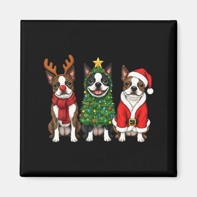Imán Retro Christmas Boston Terrier Santa Reindeer Dog  (Frente)