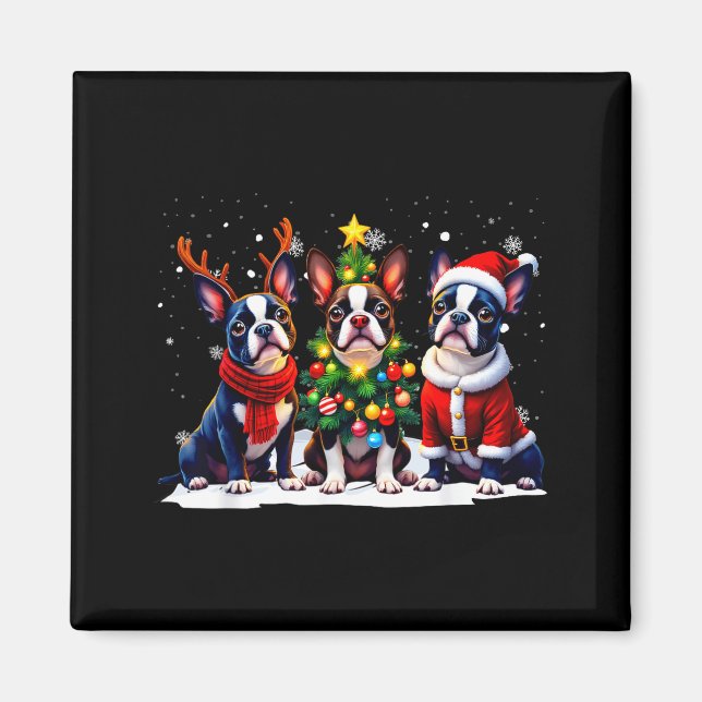 Imán Retro Christmas Boston Terrier Santa Reindeer Dog  (Frente)