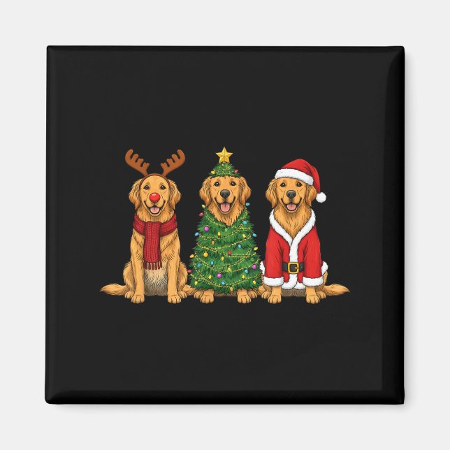 Imán Retro Christmas Golden Retriever Santa Reindeer Do (Frente)
