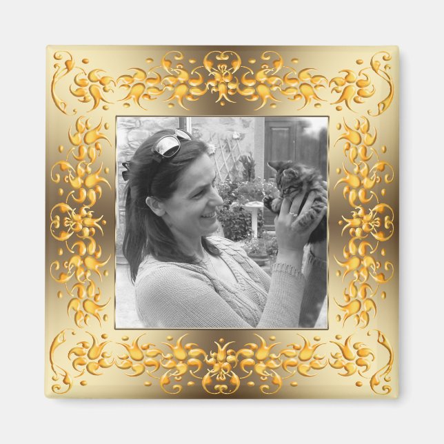 Imán retro floral barroco marco dorado. texto. (Frente)