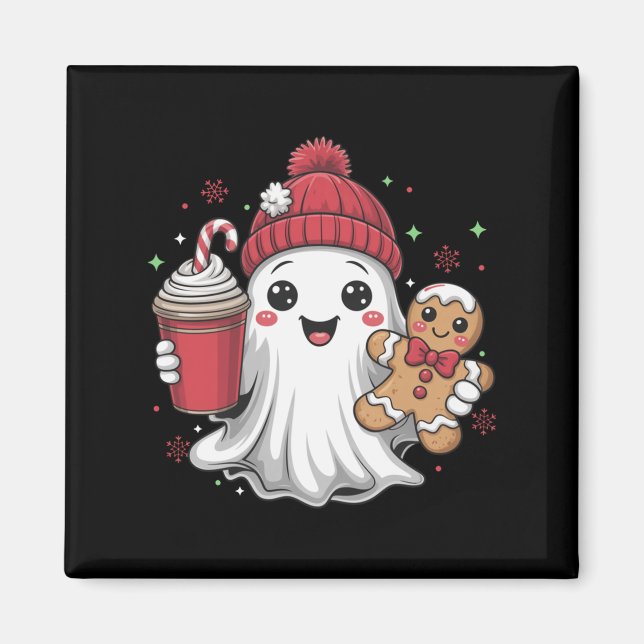 Imán Retro Ghost Beanie Christmas Holiday Xmas Coffee G (Frente)