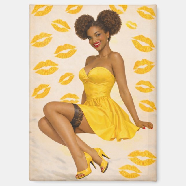 Imán Retro Glam Afro Pin-Up Girl in Yellow Dress  (Anverso)